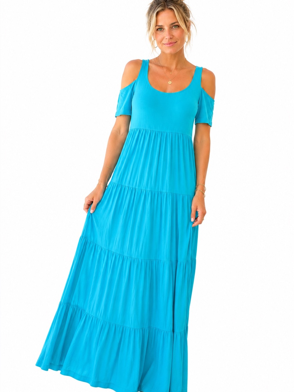 Snappy Turtle Turquoise Cold Shoulder Tiered Maxi Dress Size S